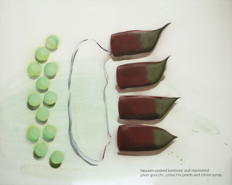Beetroot and marinated plums gnocchi cooked under vacuum; pistacchio perls and citron syrup, 2007