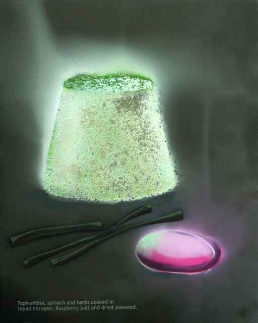 Topinambur, spinach and herbs cooked in liquid azoth with raspberry ball and dried seaweed, 2007