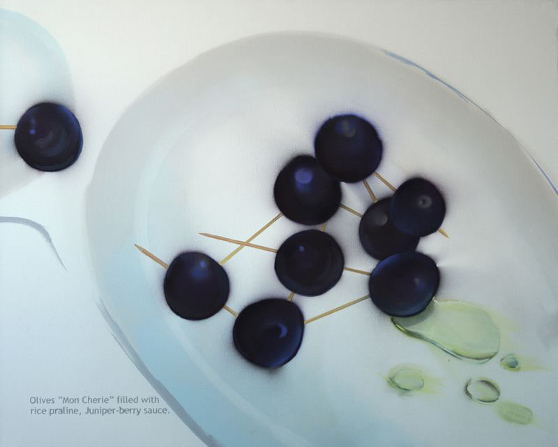 Olives “Mon Cherie”, filled with rise praline and juniper-berry sauce, 2007